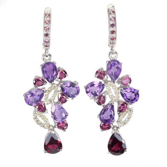Stunning Rich Pear Faceted Red Rhodolite Garnet & Amethyst Drop Earrings - Picture 7 of 8